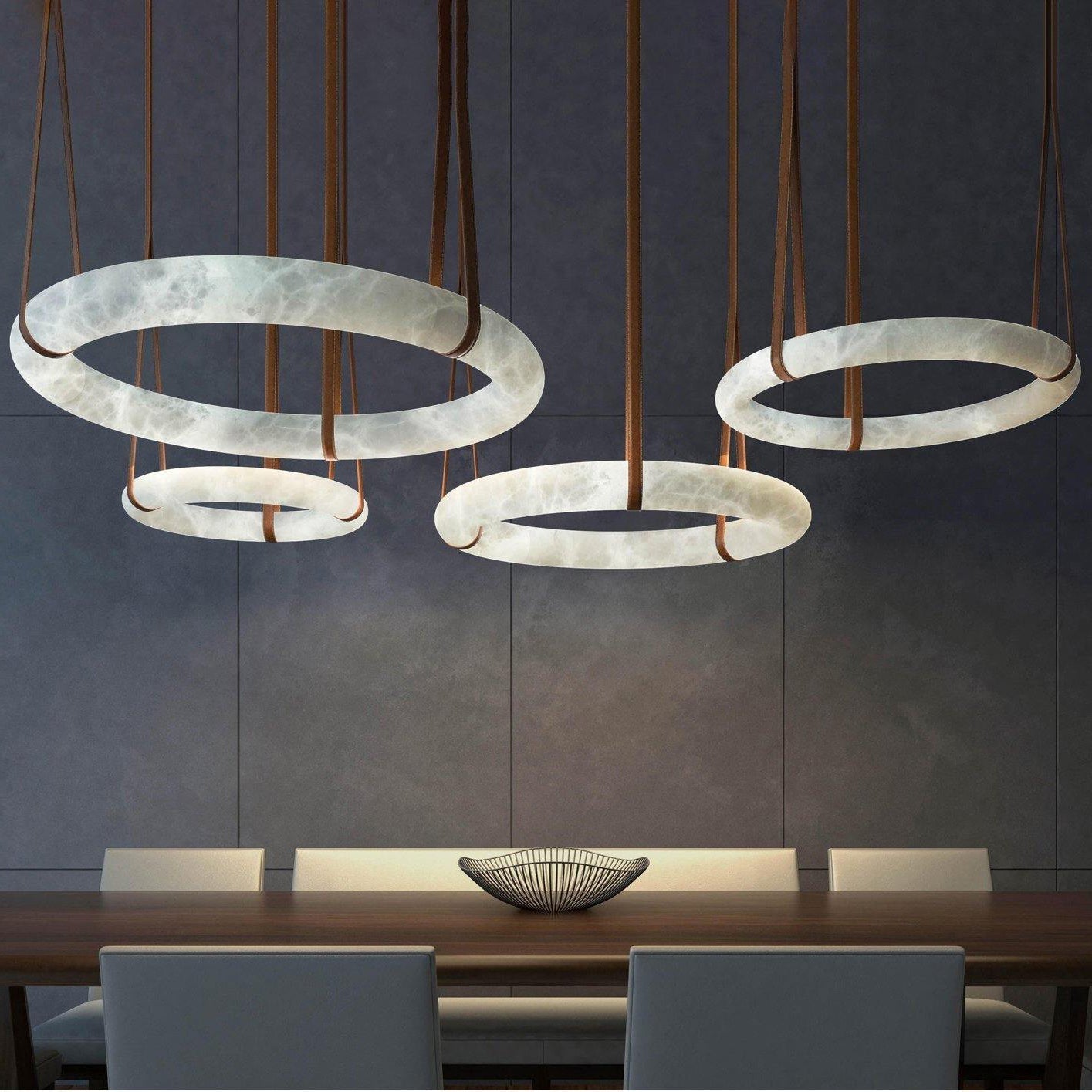Astrid Alabaster Halo Pendant Chandelier, Chandelier with Leather Hook