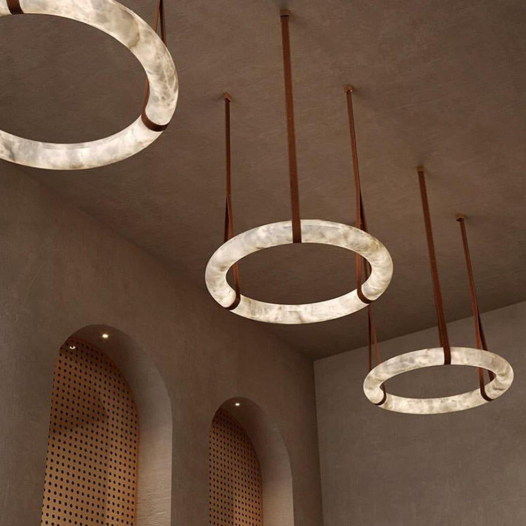 Astrid Alabaster Halo Pendant Chandelier, Chandelier with Leather Hook